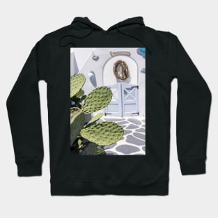 Restaurant entrance in Thira, Santorini. Hoodie